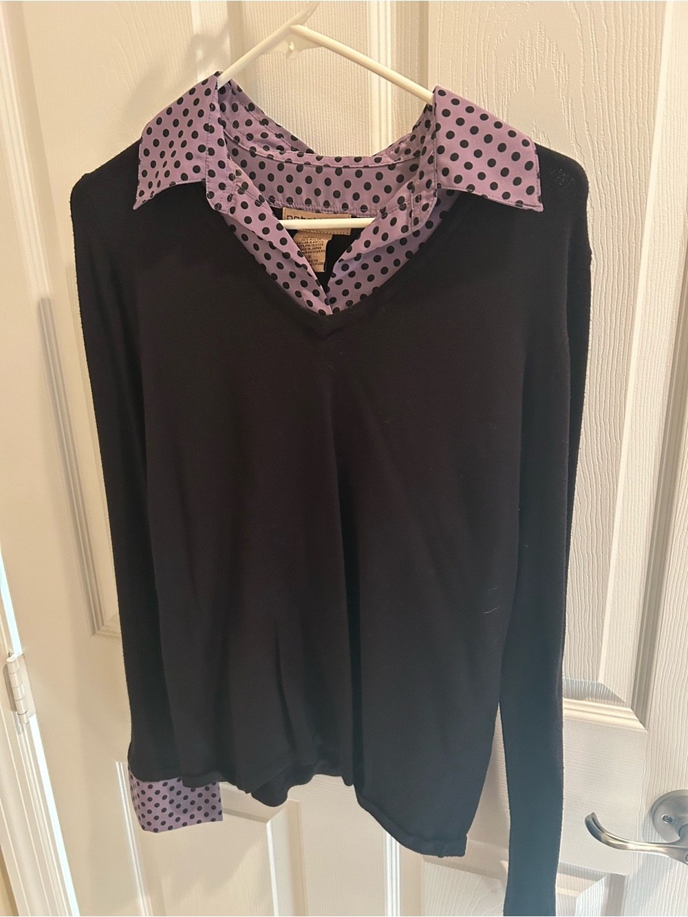 Notations Black V-Neck Layered Top with Lavender Polka Dot Shirt Detail
